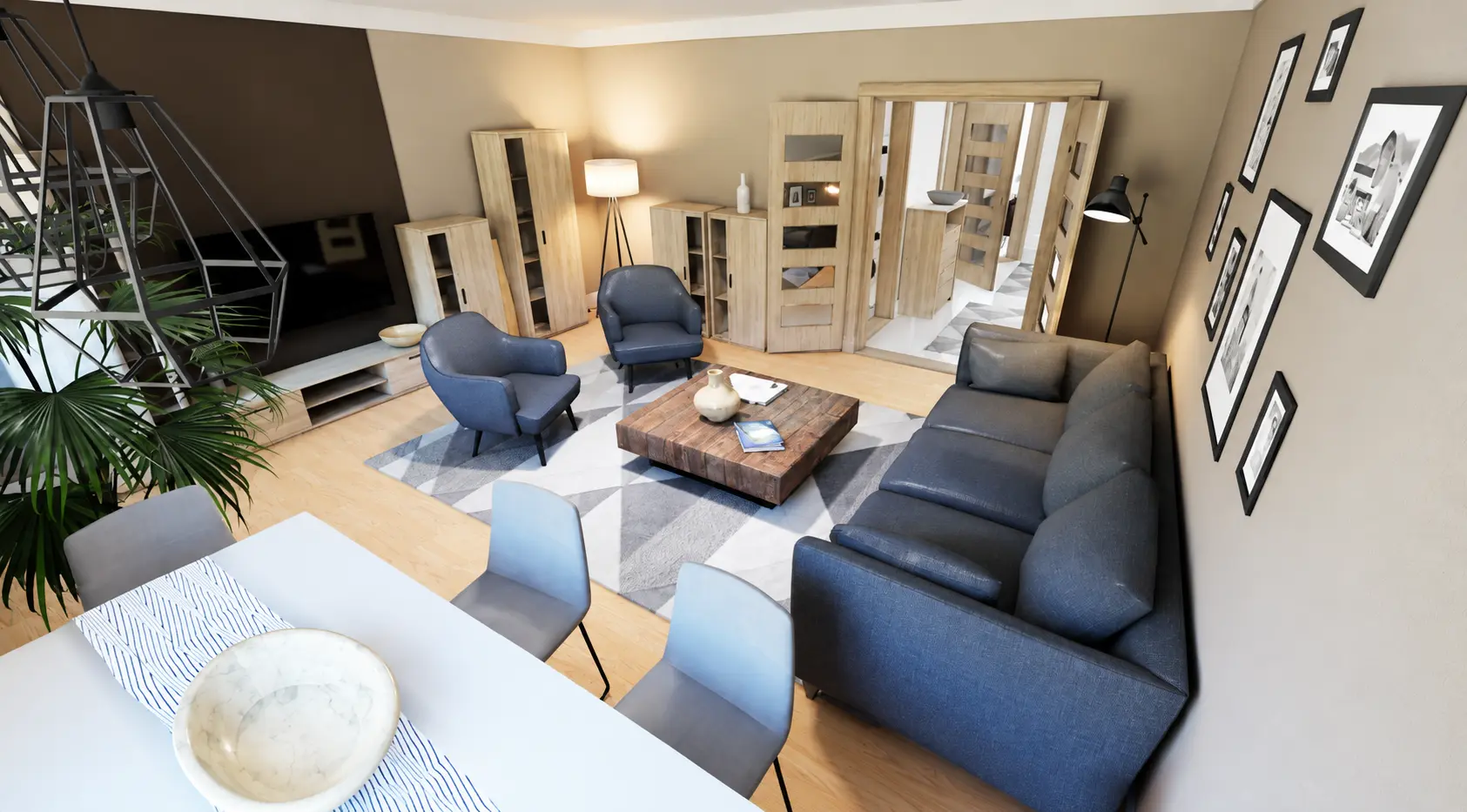 Open-plan living and dining area photographed for property marketing