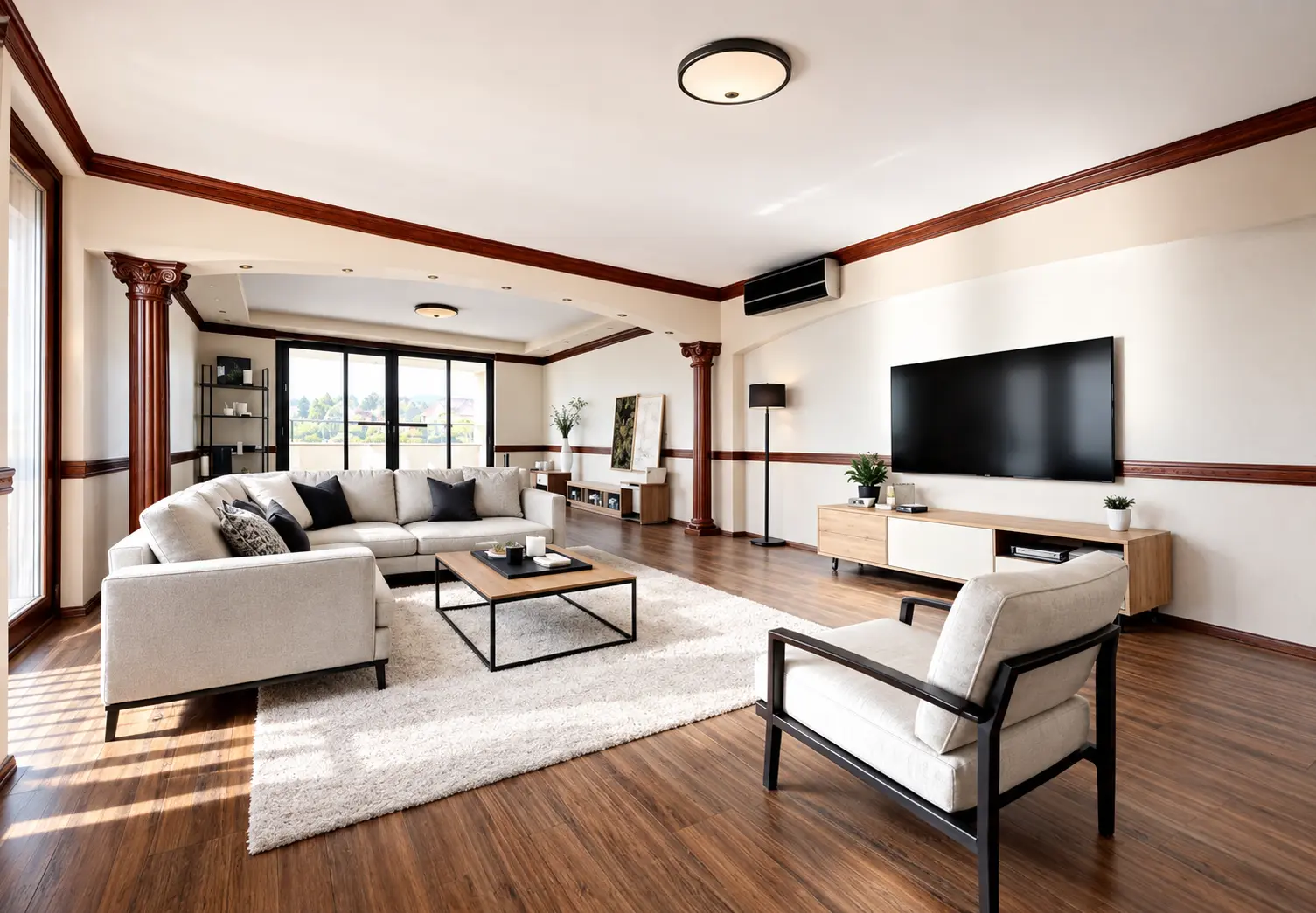 Bright living room with wooden floor photographed for a property listing